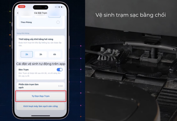 Bạn có thể vệ sinh trạm sạc bằng app hoặc dùng chổi vệ sinh trực tiếp Bạn có thể vệ sinh trạm sạc bằng app hoặc dùng chổi vệ sinh trực tiếp