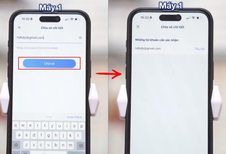 Nhập email đăng nhập của máy số 2 vào máy 1 và nhấn vào Chia sẻ Nhập email đăng nhập của máy số 2 vào máy 1 và nhấn vào Chia sẻ