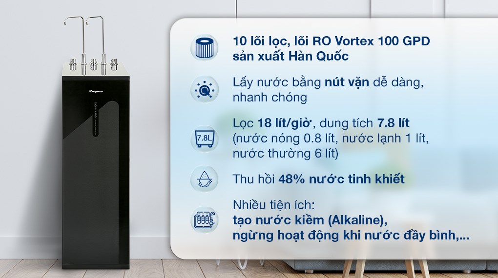 Máy lọc nước RO nóng nguội lạnh Kangaroo KG10A18 10 lõi cho ra nguồn nước sạch tinh khiết, không cần đun sôi lại để uống Máy lọc nước RO nóng nguội lạnh Kangaroo KG10A18 10 lõi cho ra nguồn nước sạch tinh khiết, không cần đun sôi lại để uống