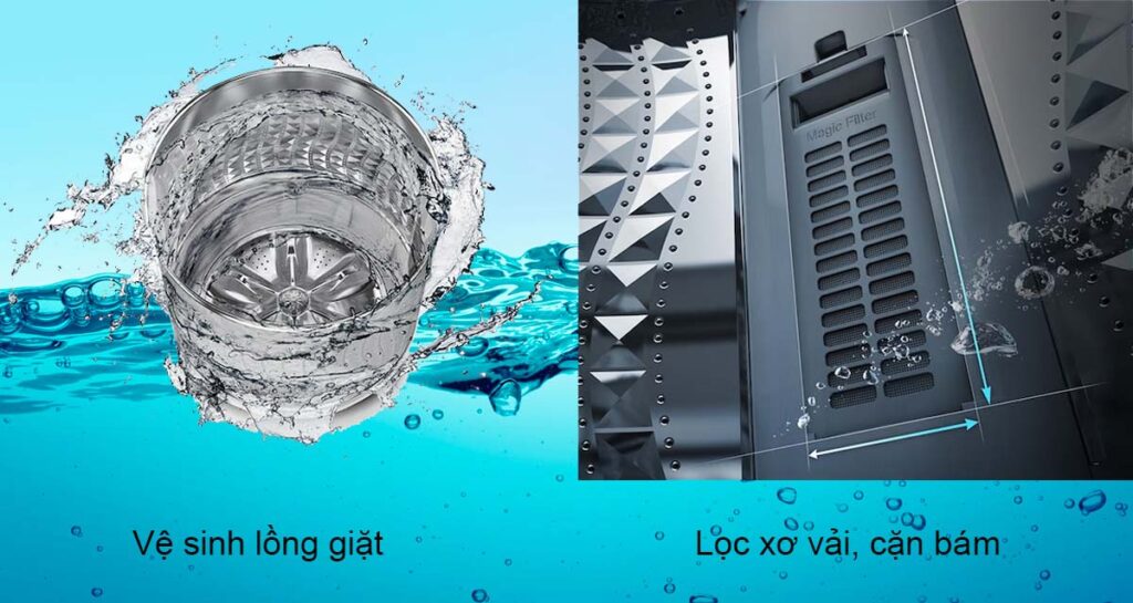 Tải app AX88 ngay để nhận thưởng khủng Samsung cửa trên 9,5kg WA95CG4545BDSV và quá trình làm sạch lồng giặt tự động