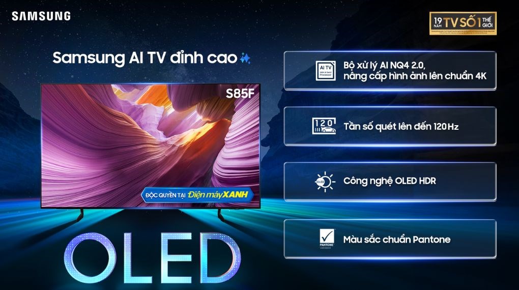 Smart Tivi OLED Samsung AI 4K 55 inch QA55S85F sở hữu thiết kế tối giản, sang trọng Smart Tivi OLED Samsung AI 4K 55 inch QA55S85F sở hữu thiết kế tối giản, sang trọng