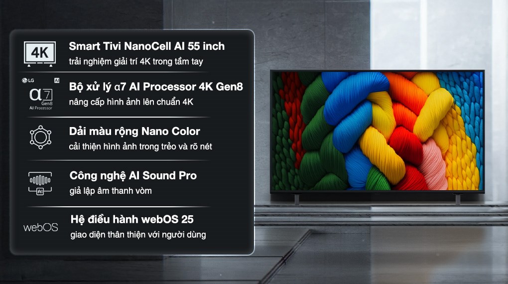 Smart Tivi NanoCell LG AI 4K 55 inch 55NANO80ASA có kích thước 55 inch cho trải nghiệm giải trí siêu đã