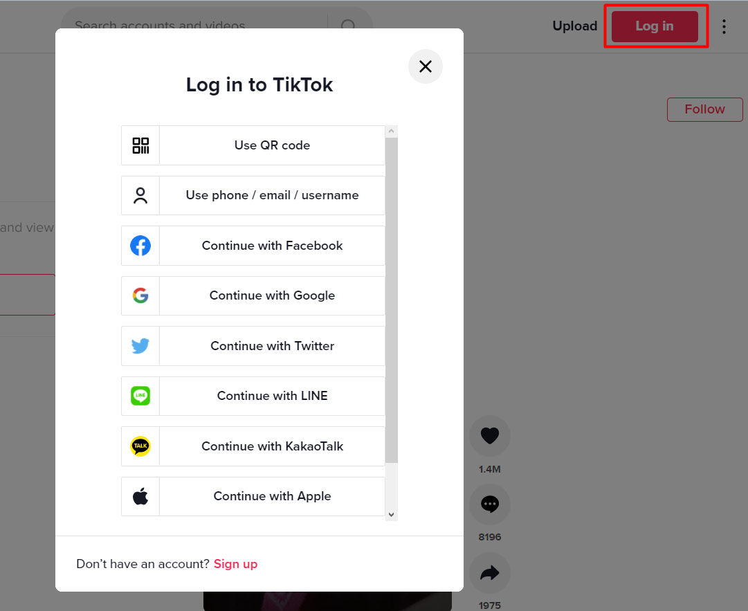 Chọn Log in để đăng nhập vào tài khoản TikTok Chọn Log in để đăng nhập vào tài khoản TikTok