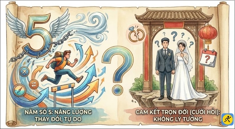 Năm số 5 mang năng lượng của sự thay đổi và tự do, không hoàn toàn lý tưởng cho sự cam kết trọn đời như cưới hỏi Năm số 5 mang năng lượng của sự thay đổi và tự do, không hoàn toàn lý tưởng cho sự cam kết trọn đời như cưới hỏi