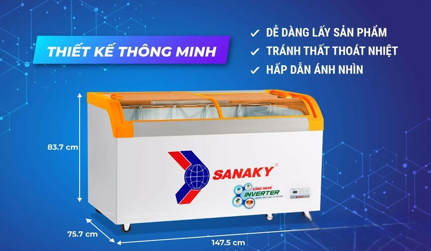 Tủ đông Sanaky Inverter VH-899K3A có thiết kế kính cong hiện đại 