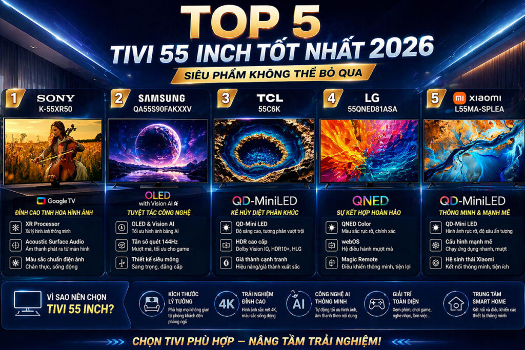 Tivi 55 inch loại nào tốt 2026, top 5 siêu phẩm không thể bỏ qua