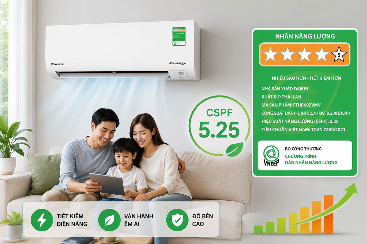 Chỉ số CSPF của điều hòa Daikin 1 chiều FTHB60ZVMV là bao nhiêu? Chỉ số CSPF của điều hòa Daikin 1 chiều FTHB60ZVMV là bao nhiêu?