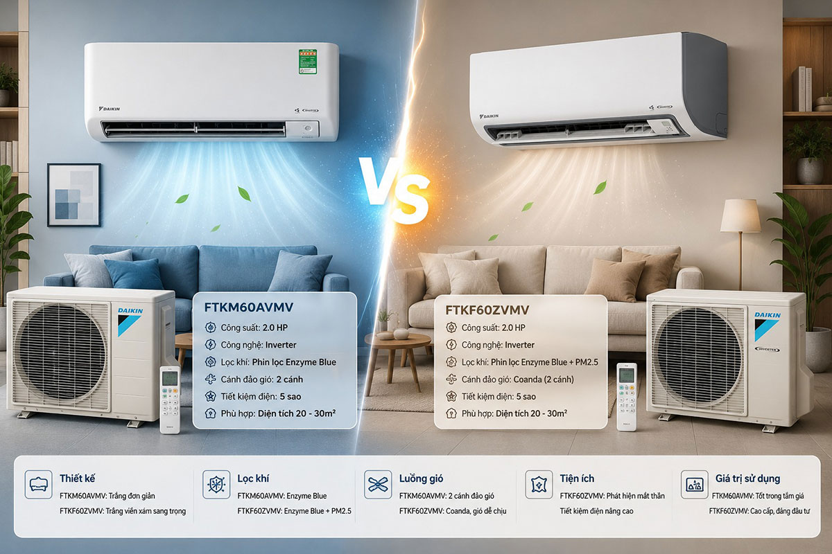 So sánh tổng quan Daikin FTKM60AVMV và FTKF60ZVMV So sánh tổng quan Daikin FTKM60AVMV và FTKF60ZVMV