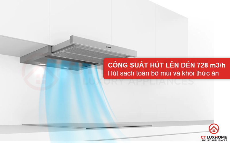 Công suất hút tối đa 728 m³/h hút sạch toàn bộ mùi và khói thức ăn